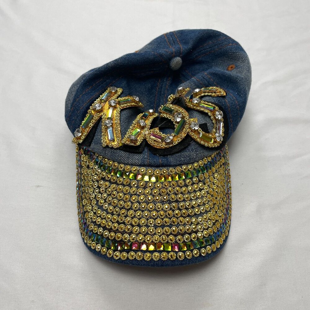 Unbranded Baseball Hat Womens One Size Adjustable Blue Jean Gems Rhinestone KISS